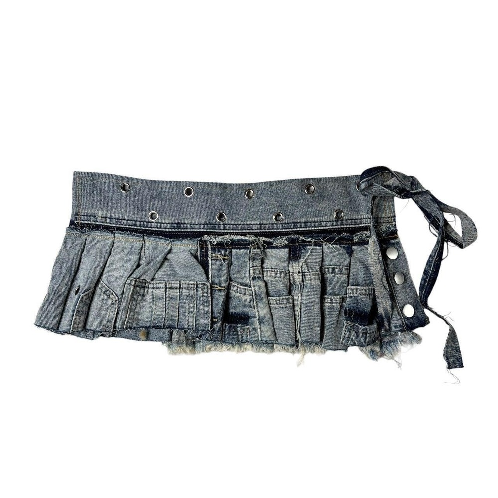 upcycled denim pleated mini skirt-belt - Picture 2 of 6
